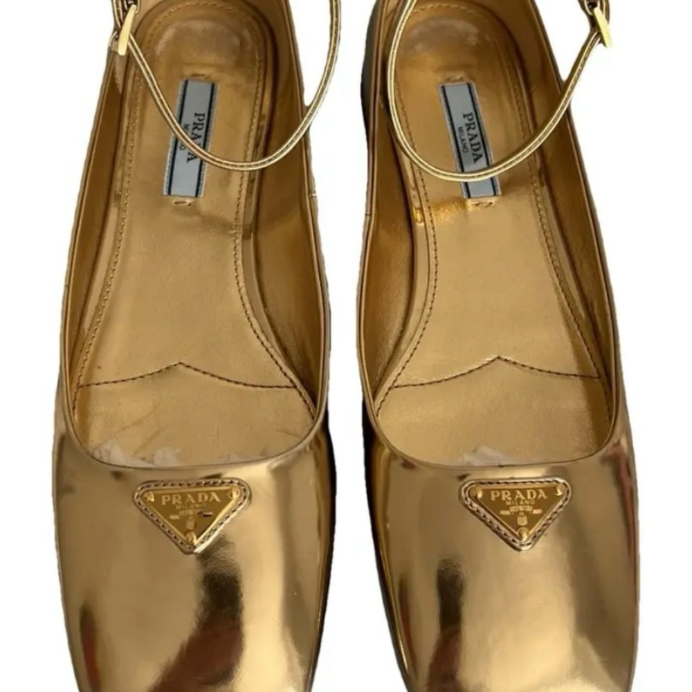 Prada Gold Flats with Ankle Strap and Logo